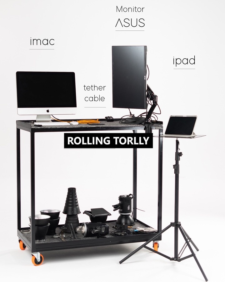 Rolling trolley — iMac, monitor, iPad, tether